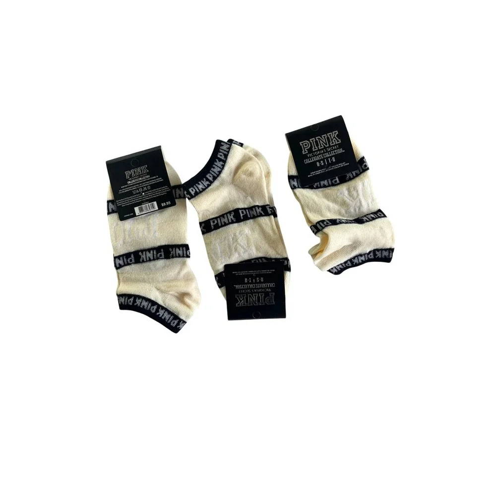 Victoria's Secret PINK Collegiate Ankle Socks‎ 3 Pack Cream Black Logo One Size